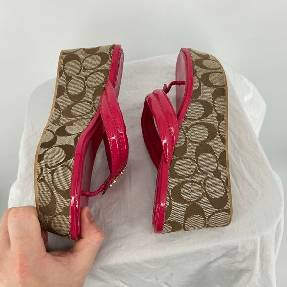 VTG y2k Women's Pink Khaki COACH Nella Signature Monogram Wedge Sandals 7.5M - Picture 5 of 8